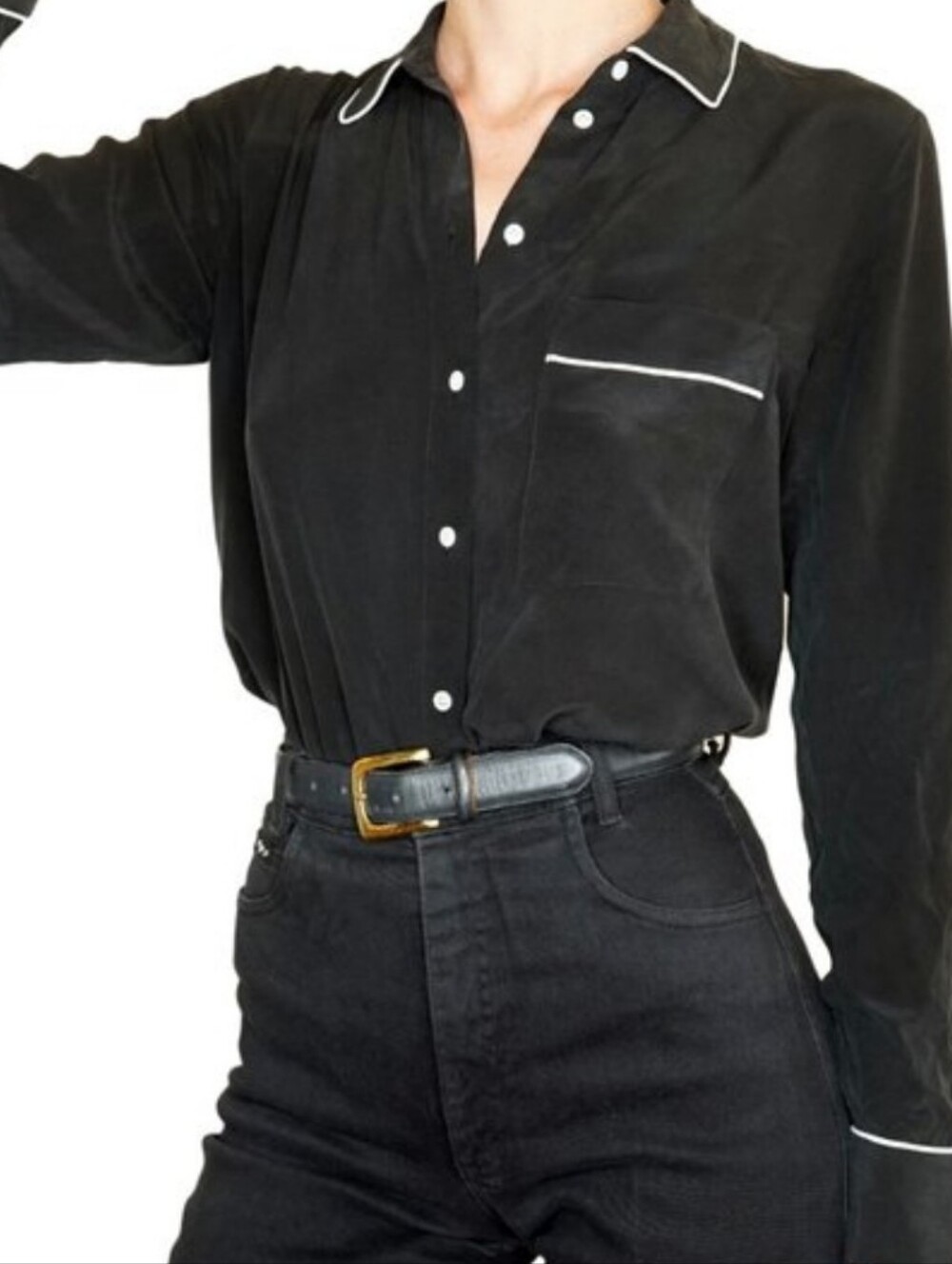 Everlane 4 Black 100% Silk Button-Down Shirt with White Piping